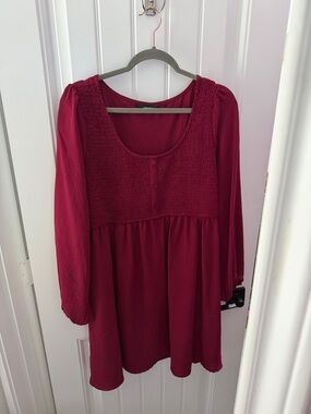 Smocked Babydoll Long-Sleeve Tunic Dress - Deep Wine